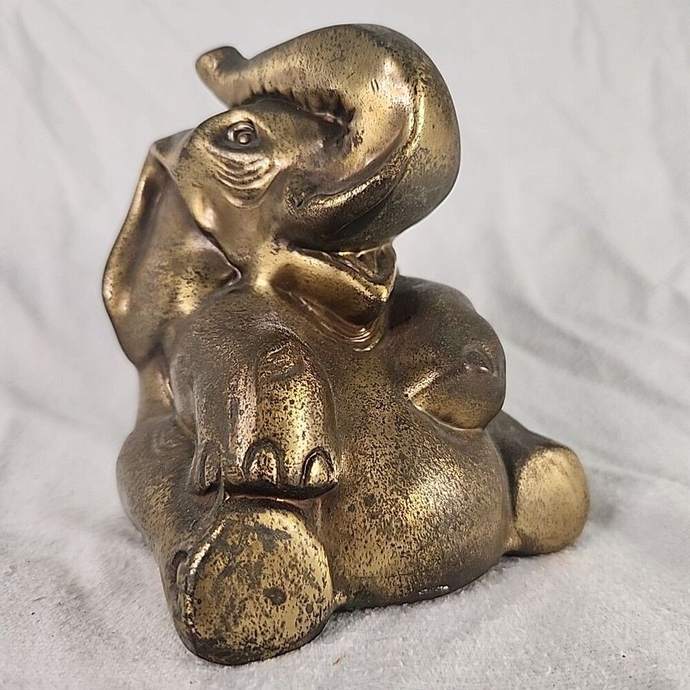 Statue Brass Elephant Sitting Figure Trunk Up 5" Weighs 3 pounds Decoration VTG